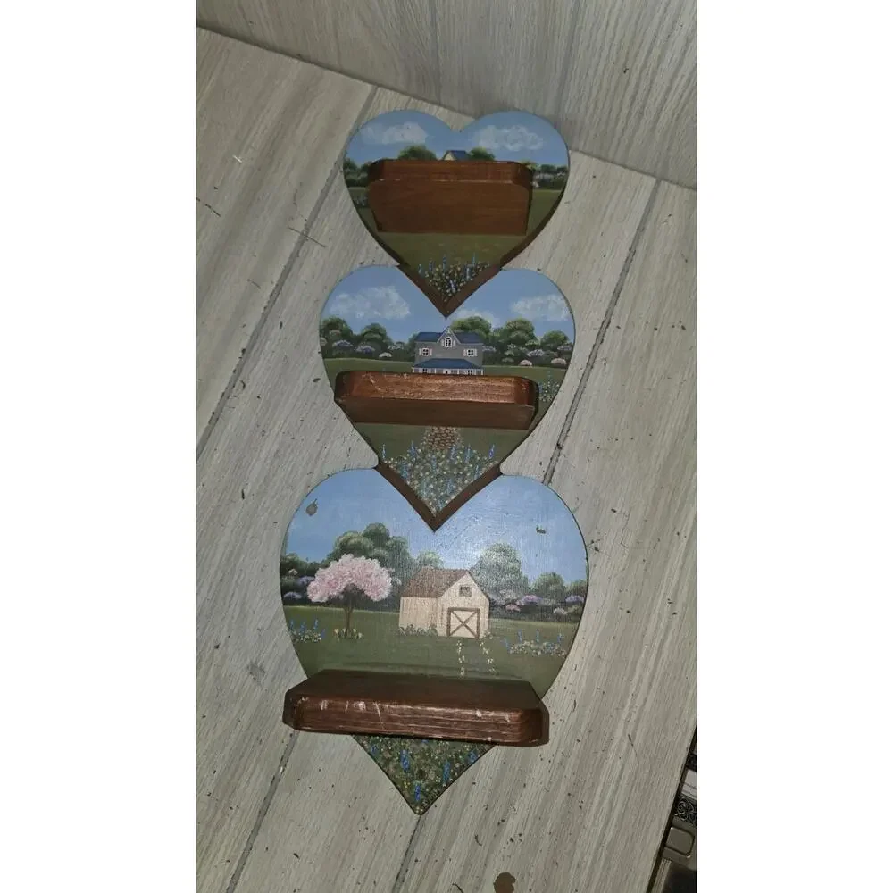 Vintage Handpainted Wood Triple Heart Shelf Country Cottage Scene Beautiful